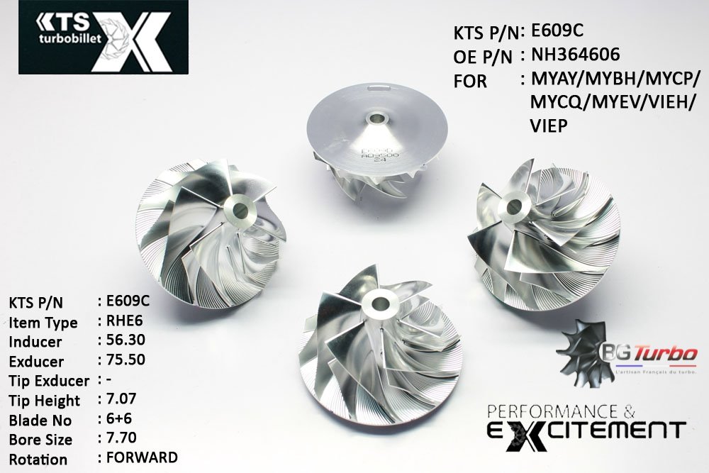Turbo ROUE FORGÉE MFS PERFORMANCE - 6+6 PALES - INDUCER : 56,3 - EXDUCER : 75,5 - TYPE : RHE6ANGLE : 60° - ROTATION : Forward - SUPER BACK : 5,2 - BORE SIZE : 7,7
